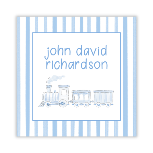 personalized gift tag with blue and white train, ShooFly Paper Co. Auburn, Alabama