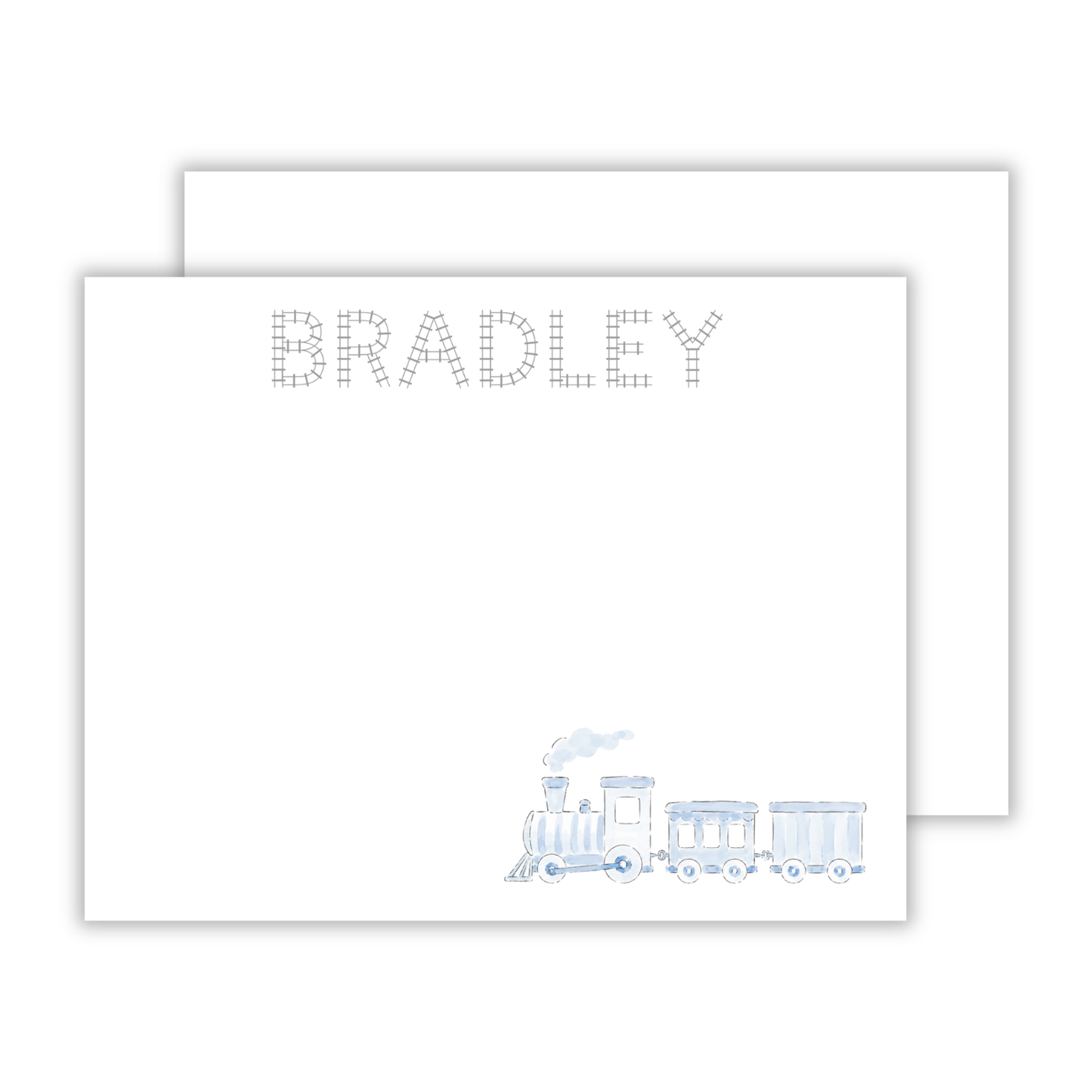 personalized stationery with drawn train graphic and custom name in train track font, ShooFly Paper Co. Auburn, Alabama