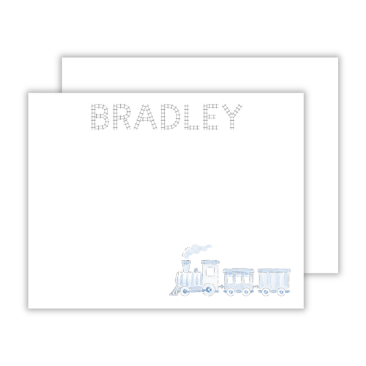 personalized stationery with drawn train graphic and custom name in train track font, ShooFly Paper Co. Auburn, Alabama