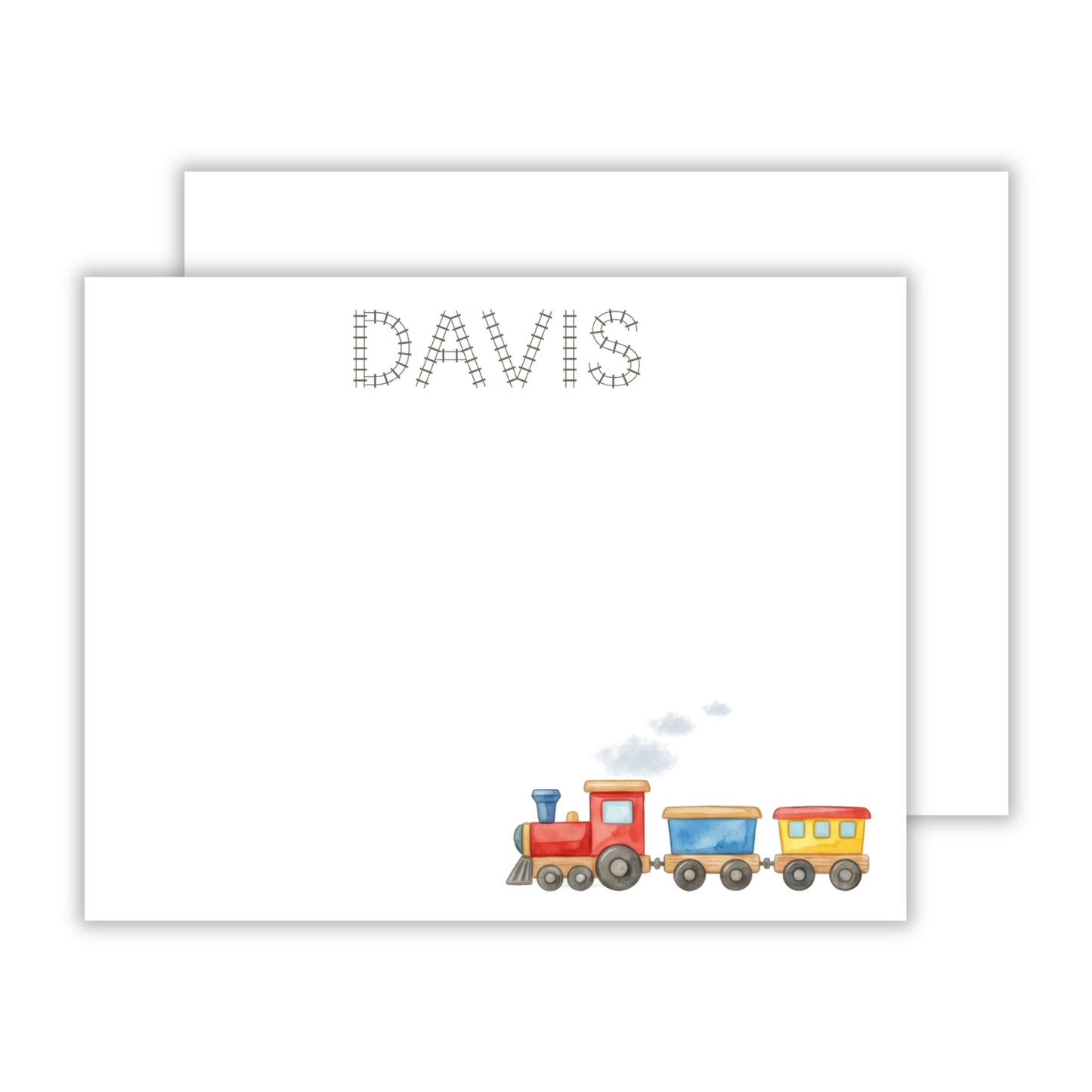 personalized notecard set with brightly colored train graphic and name in train tracks font, ShooFly Paper Co. Auburn, Alabama