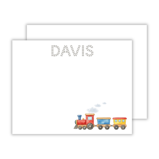 personalized notecard set with brightly colored train graphic and name in train tracks font, ShooFly Paper Co. Auburn, Alabama