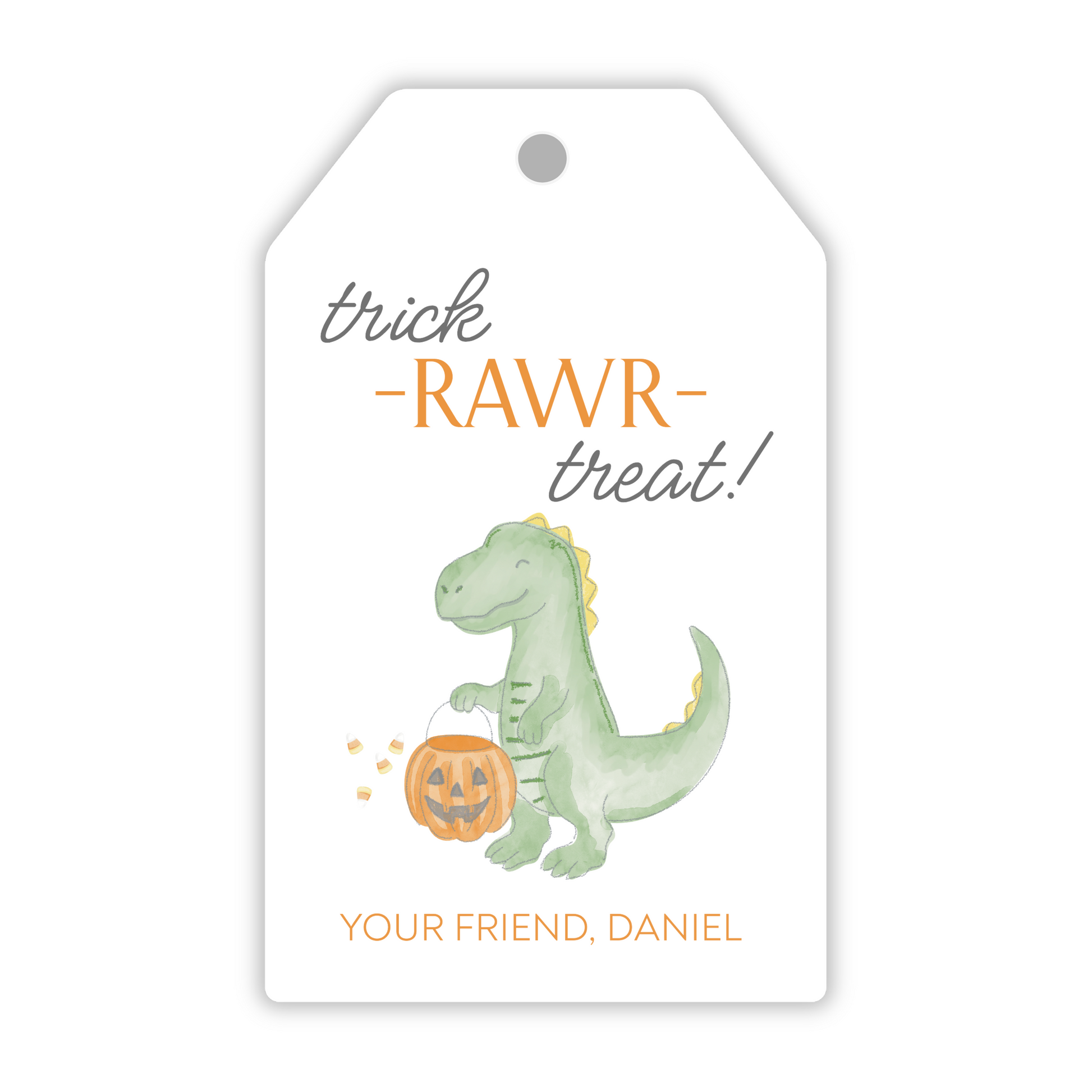 adorable halloween favor tag with watercolor dinosaur with trick or treat bucket; ShooFly Paper Co. Auburn, Alabama