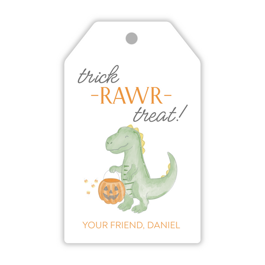 adorable halloween favor tag with watercolor dinosaur with trick or treat bucket; ShooFly Paper Co. Auburn, Alabama