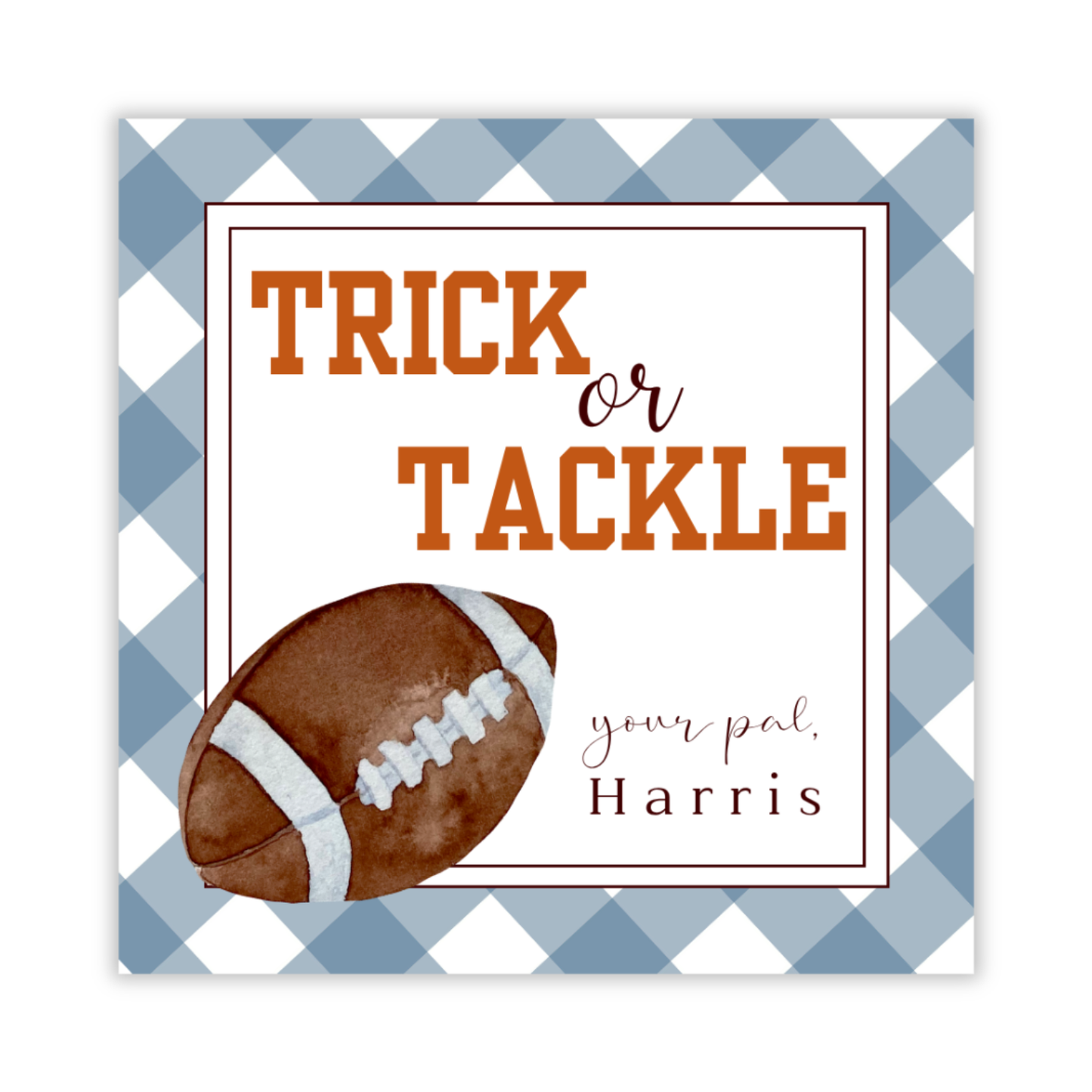 personalized gift tag with watercolor football and "trick or tackle" in subdued fall colors, ShooFly Paper Co. Auburn, Alabama