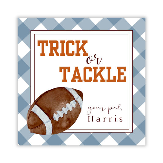 personalized gift tag with watercolor football and "trick or tackle" in subdued fall colors, ShooFly Paper Co. Auburn, Alabama
