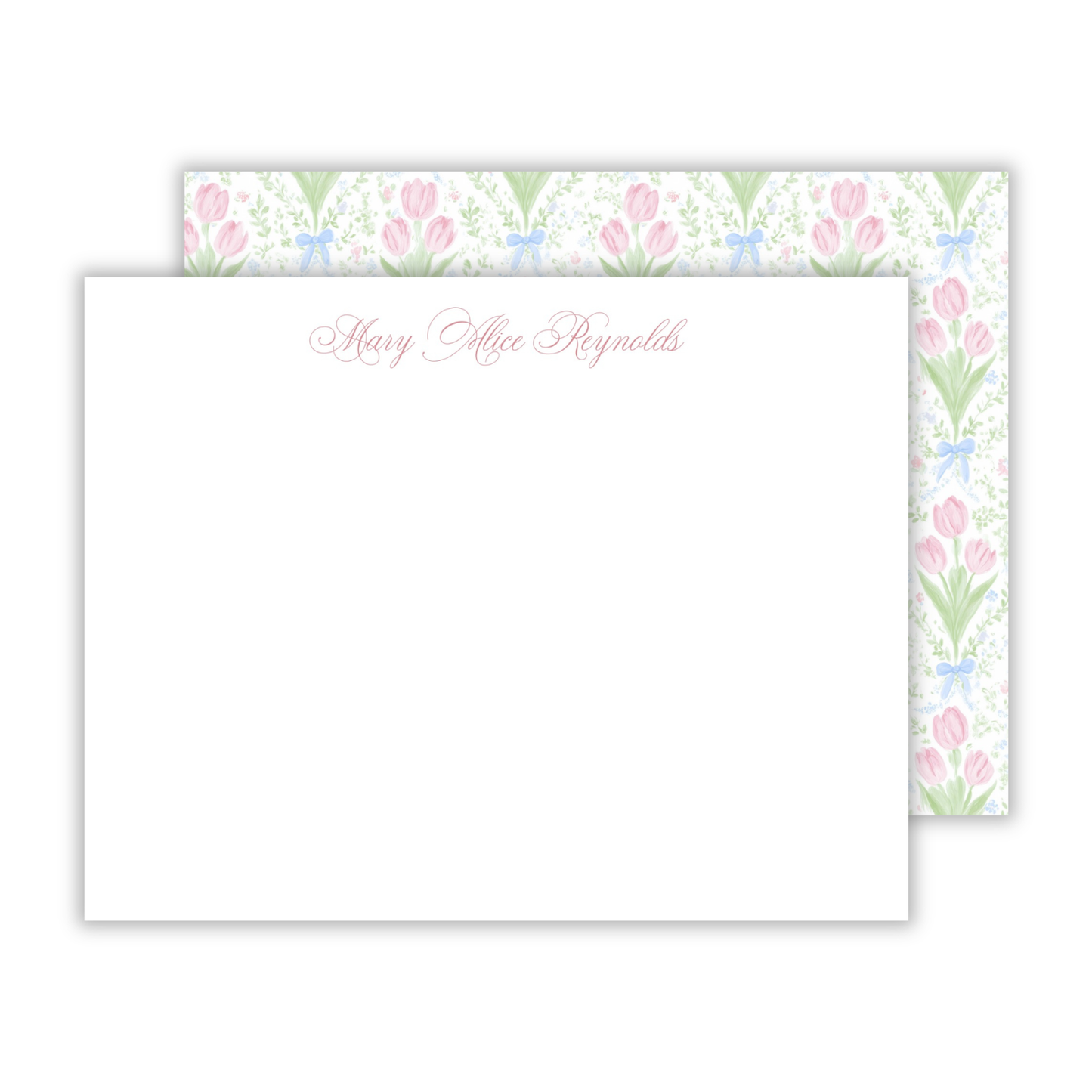 personalized notecard set with script font name on the front and a watercolor tulip pattern on the back; ShooFly Paper Co. Auburn, Alabama