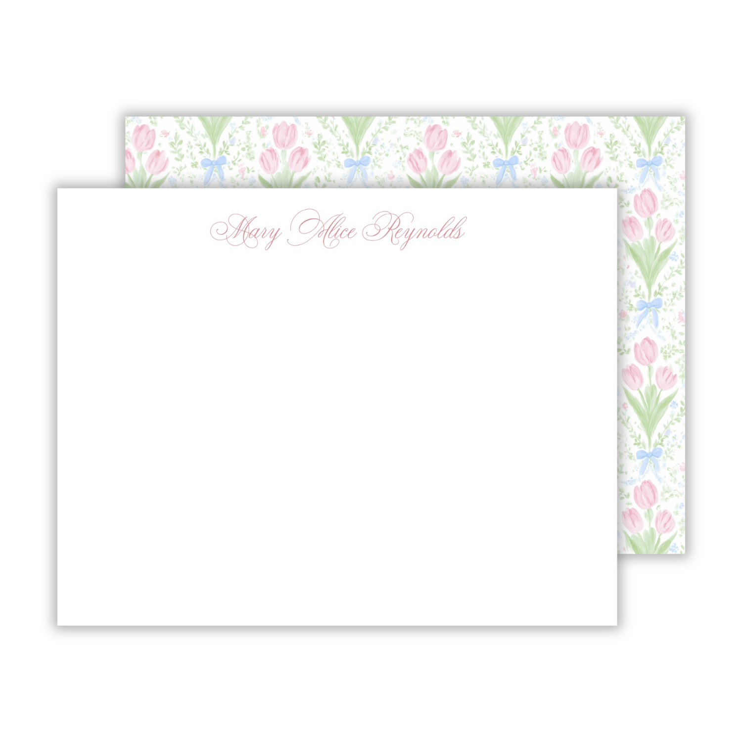 personalized notecard set with script font name on the front and a watercolor tulip pattern on the back; ShooFly Paper Co. Auburn, Alabama