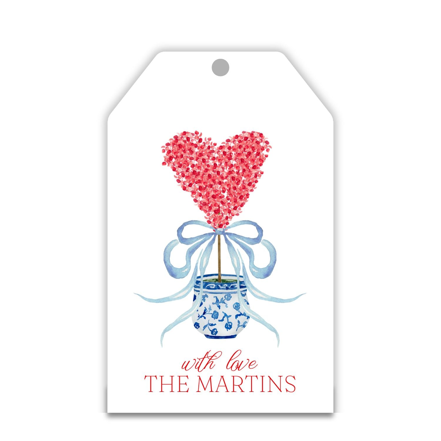 personalized valentines gift tag with blurry floral heart in a blue and white chinoiserie pot with a blue bow, ShooFly Paper Co. Auburn, Alabama