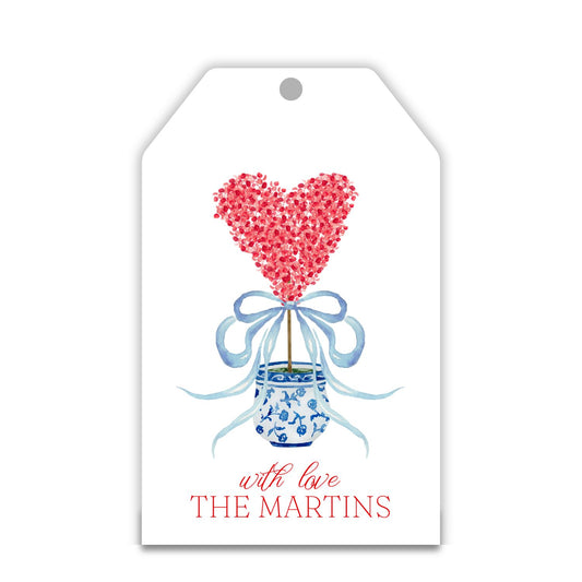 personalized valentines gift tag with blurry floral heart in a blue and white chinoiserie pot with a blue bow, ShooFly Paper Co. Auburn, Alabama