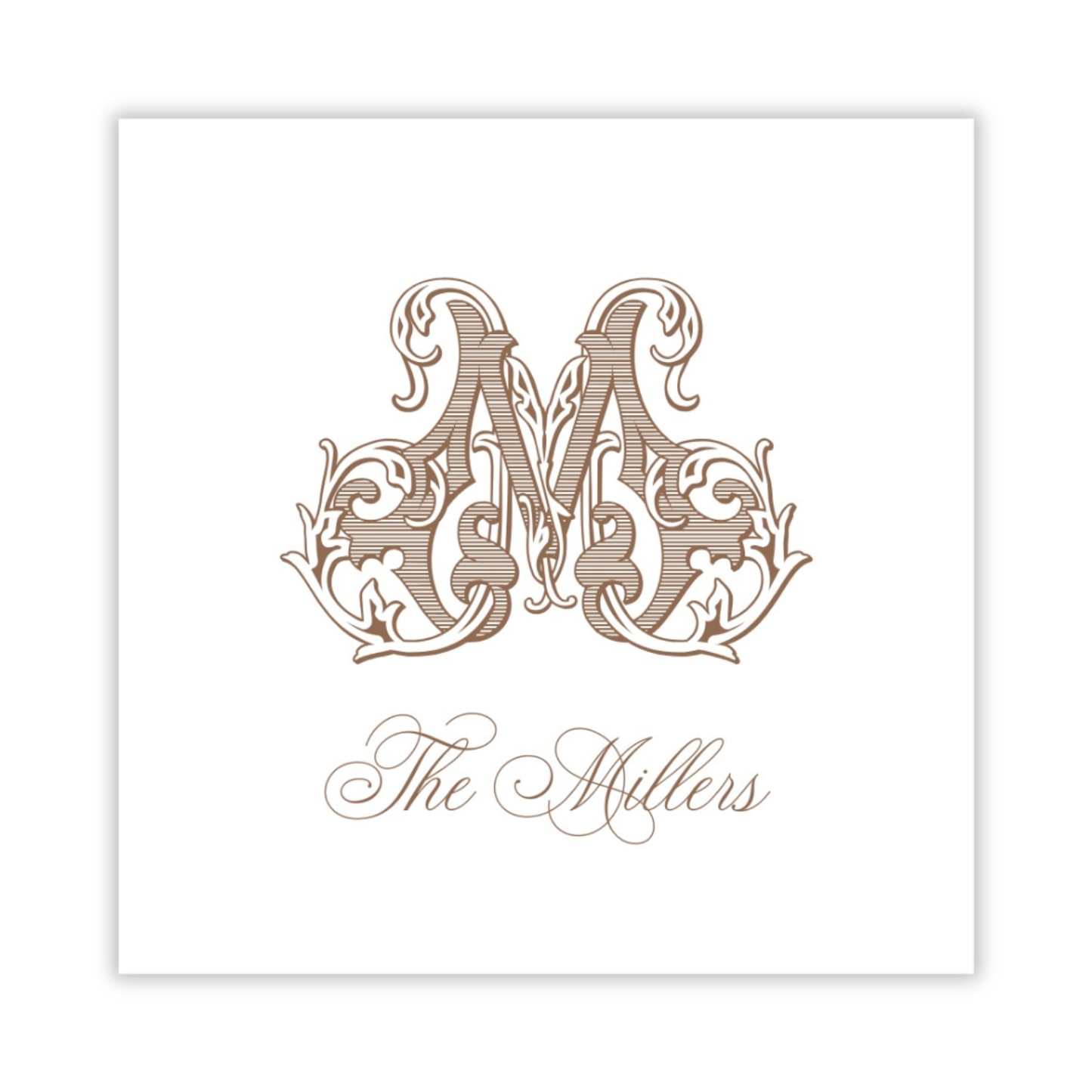 personalized square gift tag with vintage vine initial and script font name, ShooFly Paper Co. Auburn, Alabama