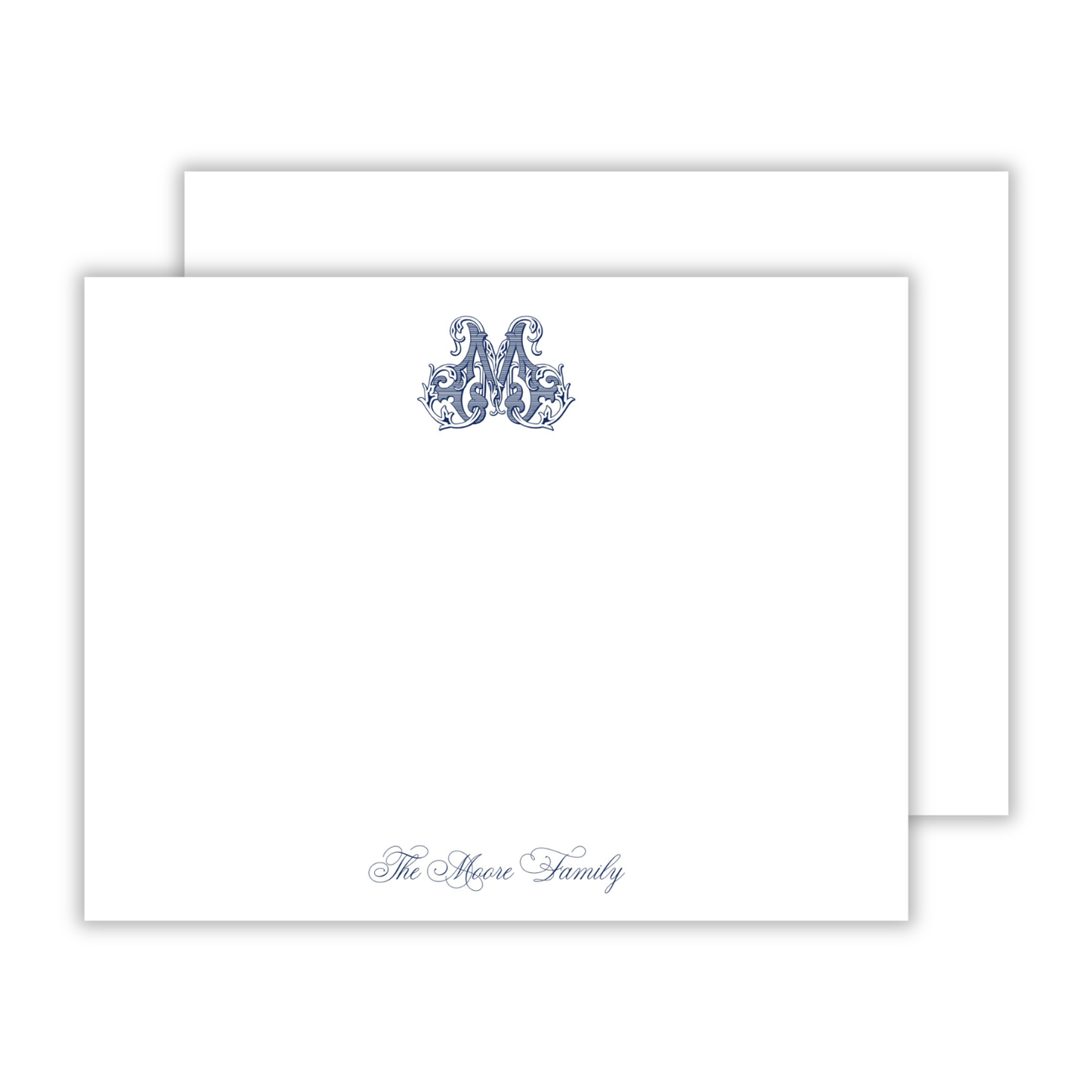 personalized notecard with vintage vine initial and fancy script font name, ShooFly Paper Co. Auburn, Alabama