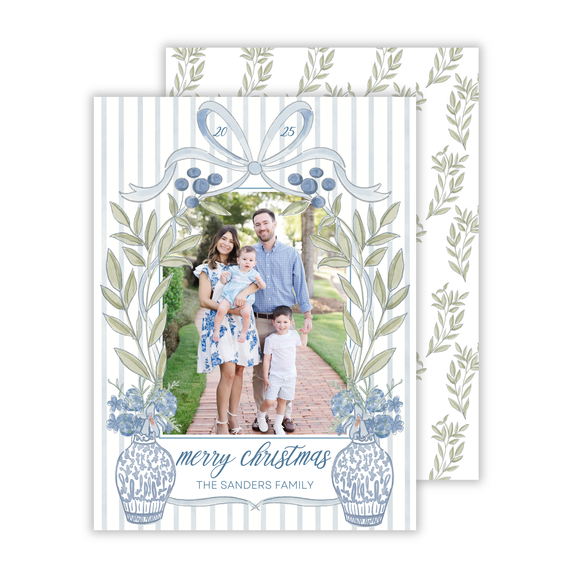 custom photo christmas card with waterolor chinoiserie frame, ShooFly Paper Co. Auburn, Alabama