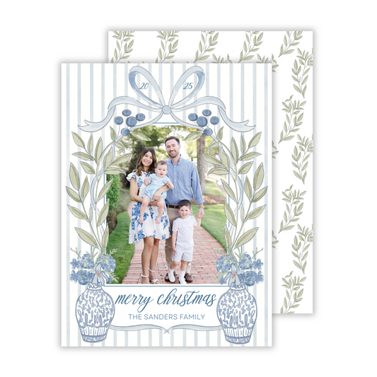 custom photo christmas card with waterolor chinoiserie frame, ShooFly Paper Co. Auburn, Alabama