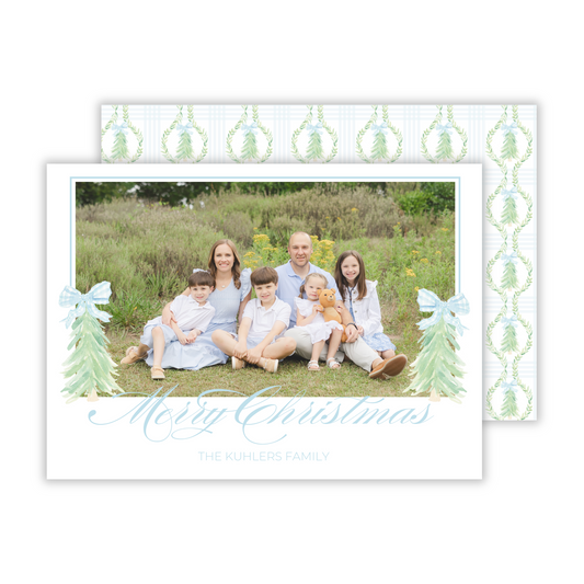 elegant photo christmas card with watercolor christmas trees with bows, ShooFly Paper Co. Auburn, Alabama