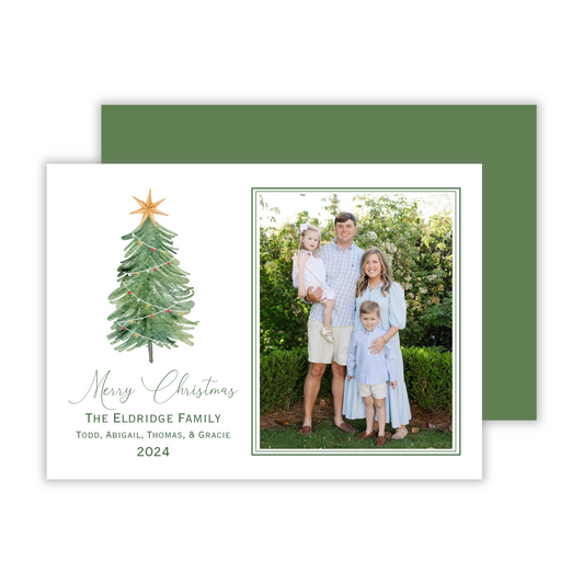 photo christmas card with watercolor christmas tree with star, ShooFly Paper Co. Auburn, Alabama