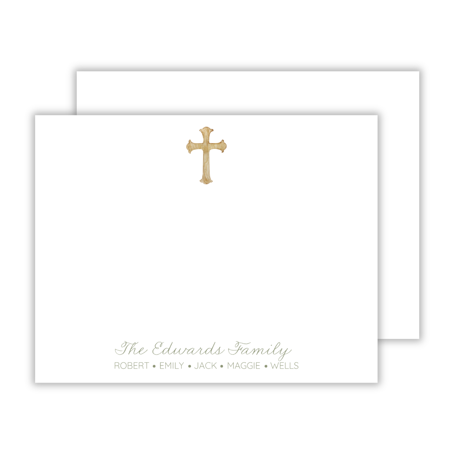 personalized notecard set with simple watercolor cross and family name, ShooFly Paper Co. Auburn, Alabama