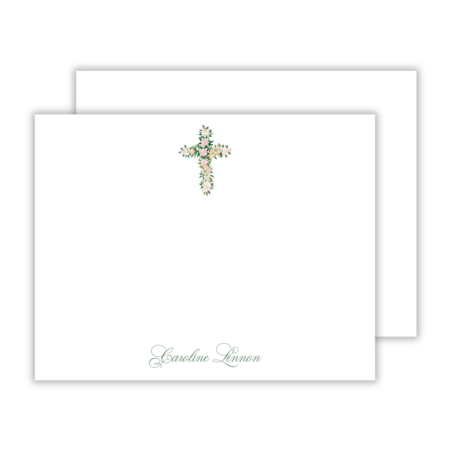 personalized stationery set with watercolor floral cross and script font name, ShooFly Paper Co. Auburn, Alabama