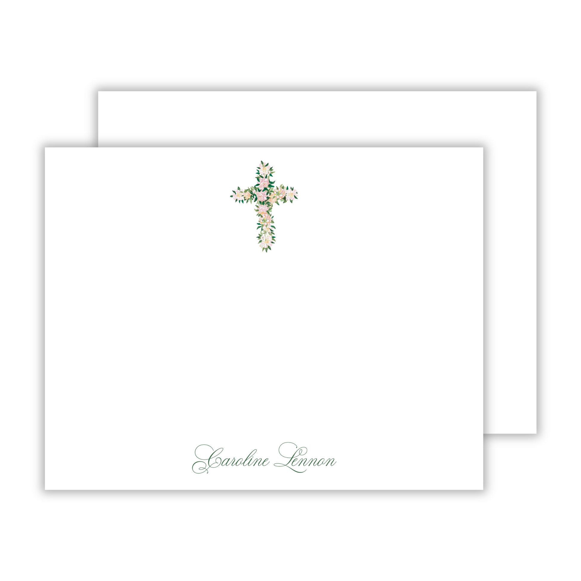 personalized stationery set with watercolor floral cross and script font name, ShooFly Paper Co. Auburn, Alabama