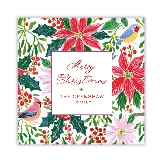personalized Christmas gift tag with watercolor poinsettia background, ShooFly Paper Co. Auburn, Alabama