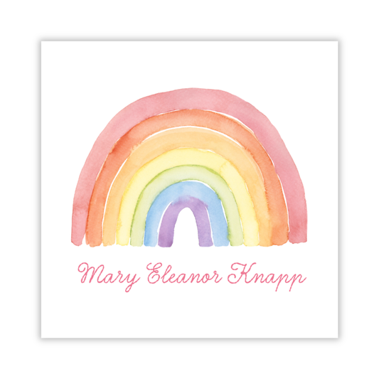 personalized gift tag with watercolor rainbow, ShooFly Paper Co. Auburn, Alabama