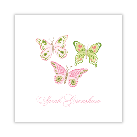 personalized gift tag with pink and green watercolor butterflies, ShooFly Paper Co. Auburn, Alabama