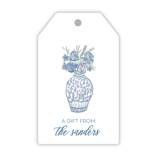 hanging gift tags with a watercolor of a blue and white chinoiserie vase with flowers and greenery; ShooFly Paper Co. Auburn, Alabama