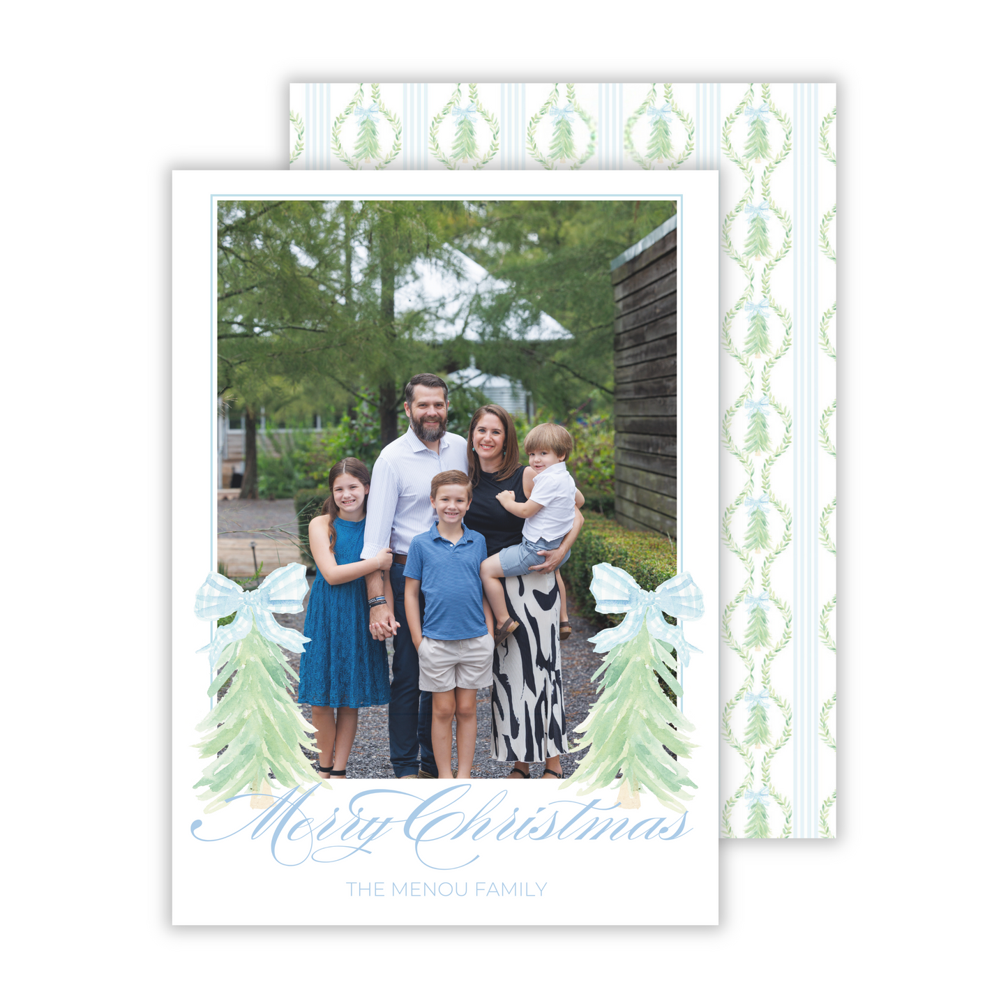 elegant photo christmas card with watercolor christmas trees with bows, ShooFly Paper Co. Auburn, Alabama