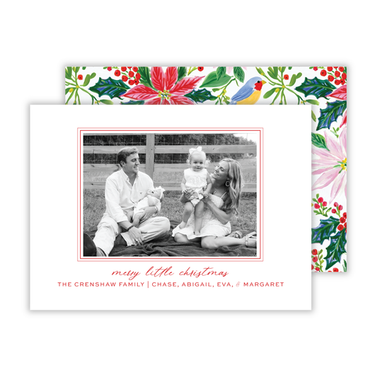 personalized photo Christmas card with watercolor poinsettia background, ShooFly Paper Co. Auburn, Alabama