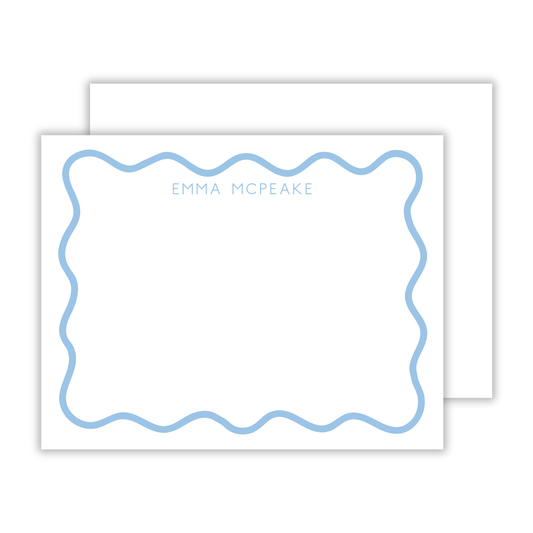 personalized notecard set with blue wavy border and basic block font name, ShooFly Paper Co. Auburn, Alabama