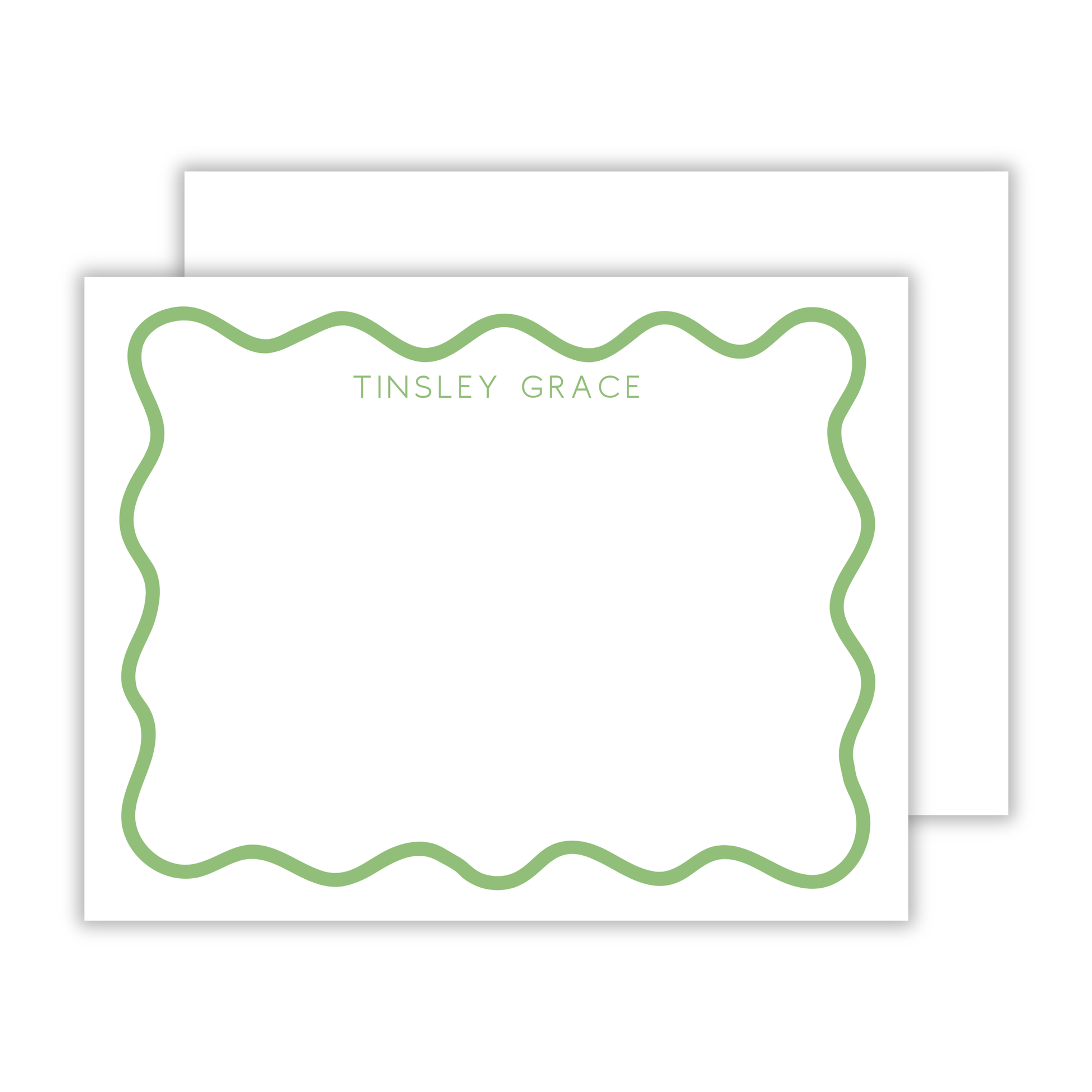 personalized notecard set with green wavy border and basic block font name, ShooFly Paper Co. Auburn, Alabama