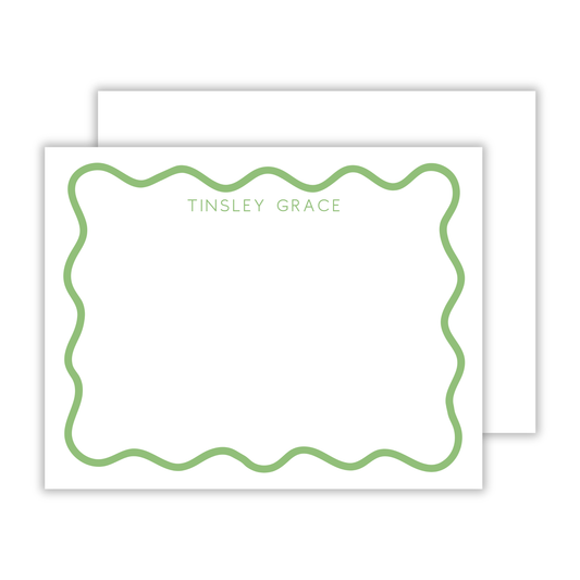 personalized notecard set with green wavy border and basic block font name, ShooFly Paper Co. Auburn, Alabama