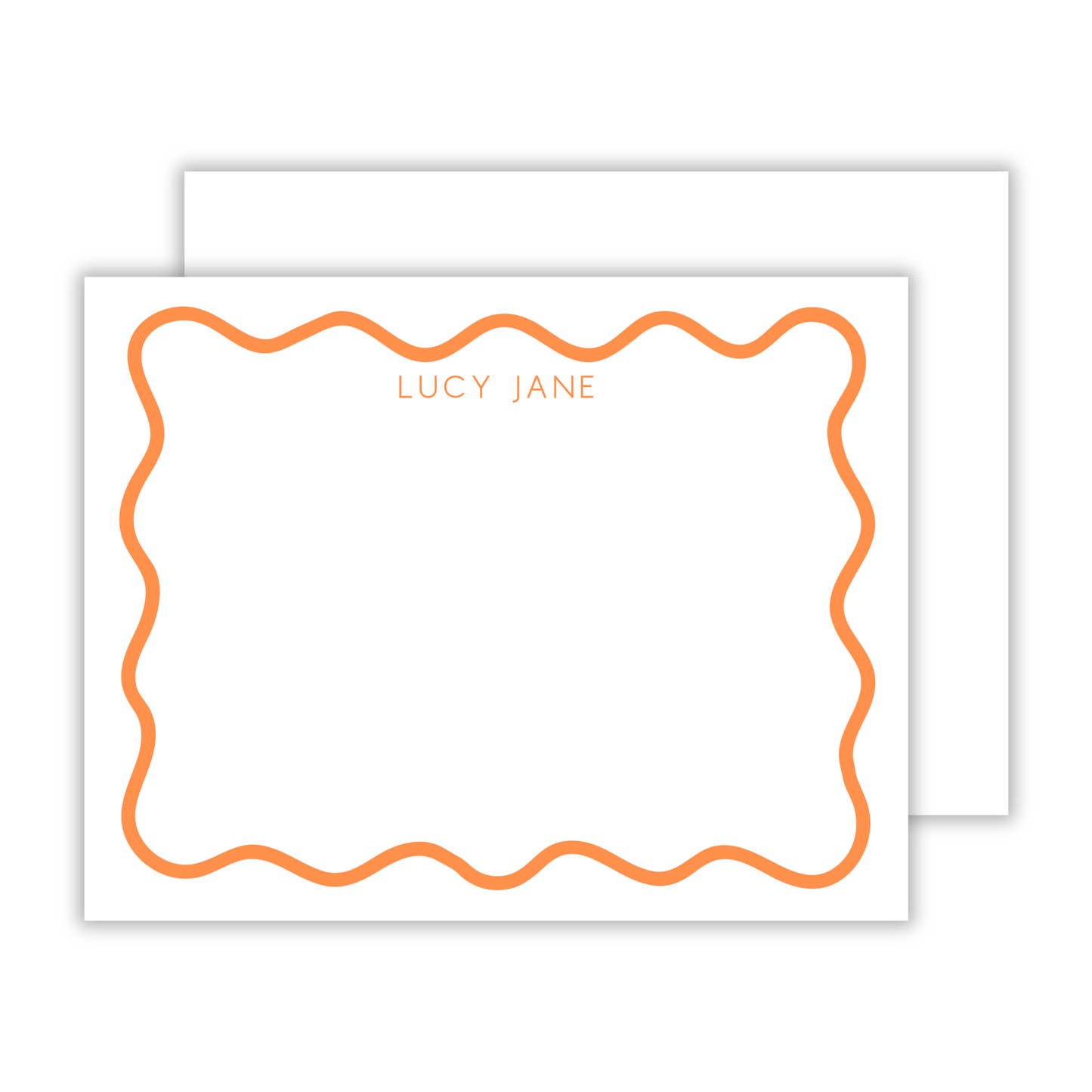 personalized notecard set with orange wavy border and basic block font name, ShooFly Paper Co. Auburn, Alabama