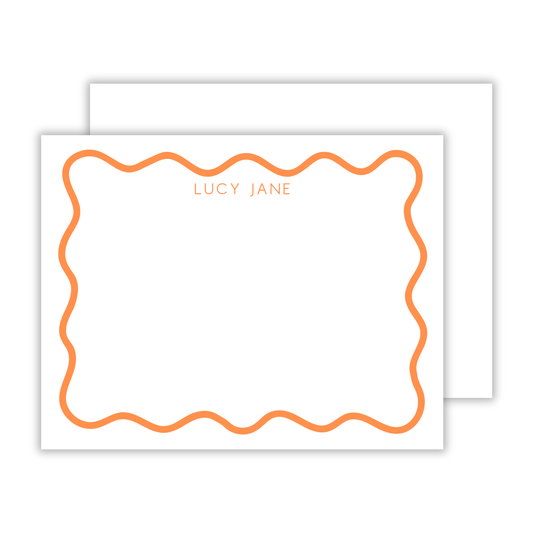 personalized notecard set with orange wavy border and basic block font name, ShooFly Paper Co. Auburn, Alabama