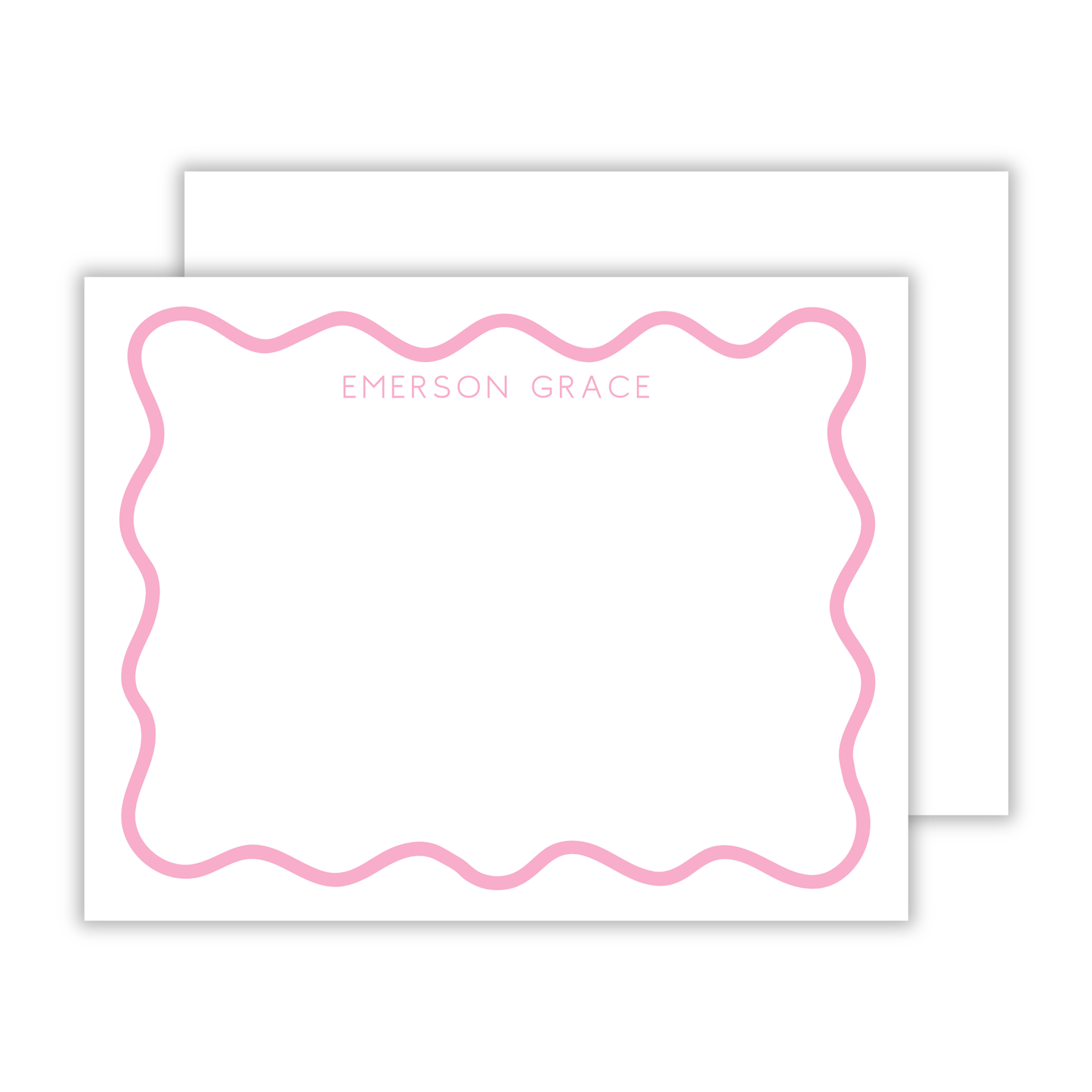 personalized notecard set with pink wavy border and basic block font name, ShooFly Paper Co. Auburn, Alabama