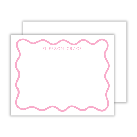 personalized notecard set with pink wavy border and basic block font name, ShooFly Paper Co. Auburn, Alabama