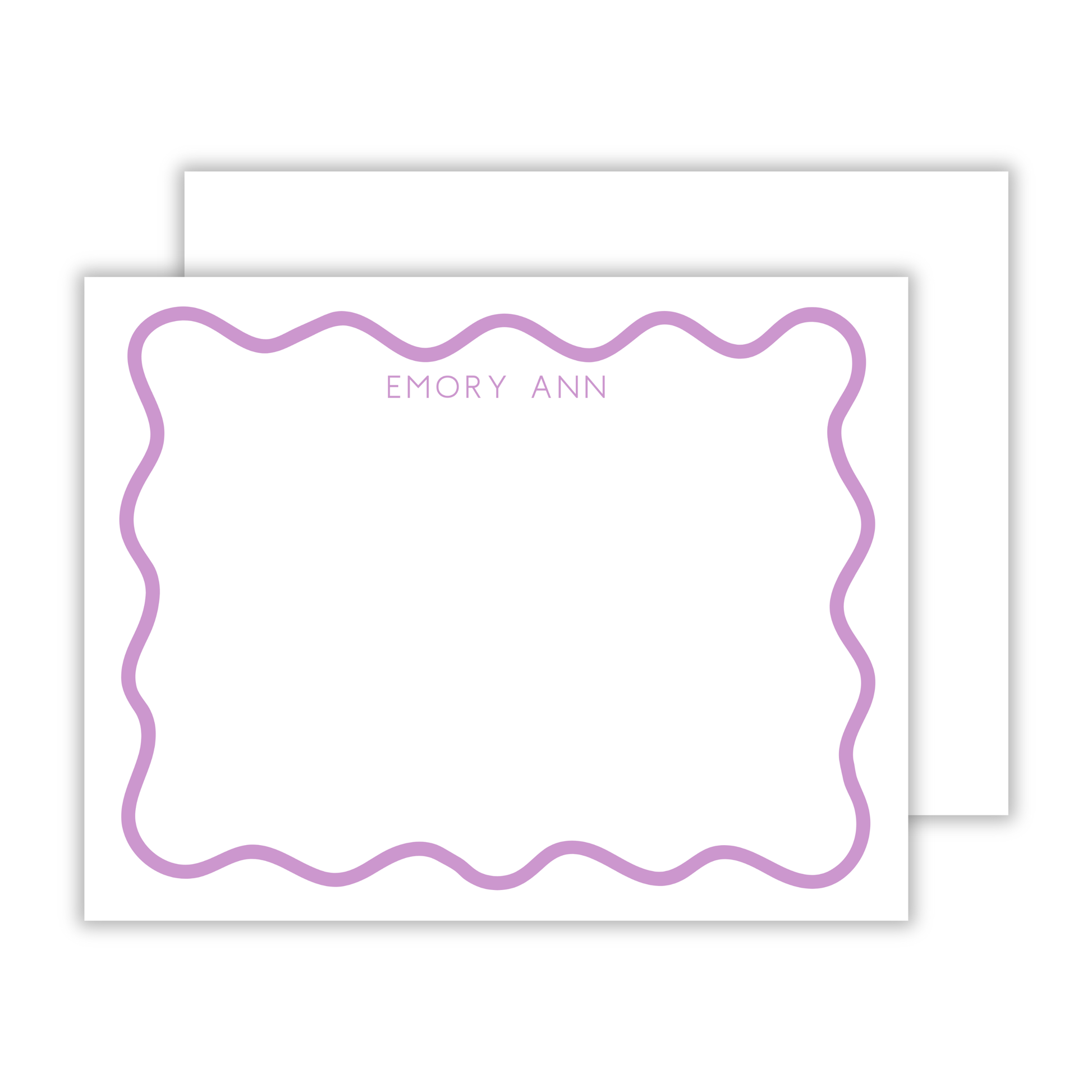 personalized notecard set with purple  wavy border and basic block font name, ShooFly Paper Co. Auburn, Alabama