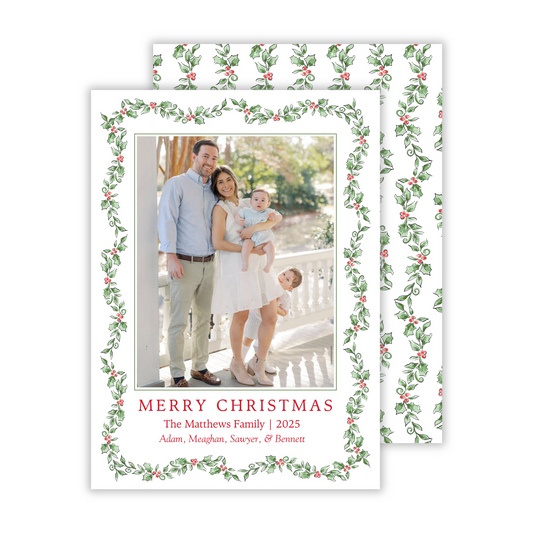 personalized christmas card with watercolor holly and berry border, ShooFly Paper Co. Auburn, Alabama