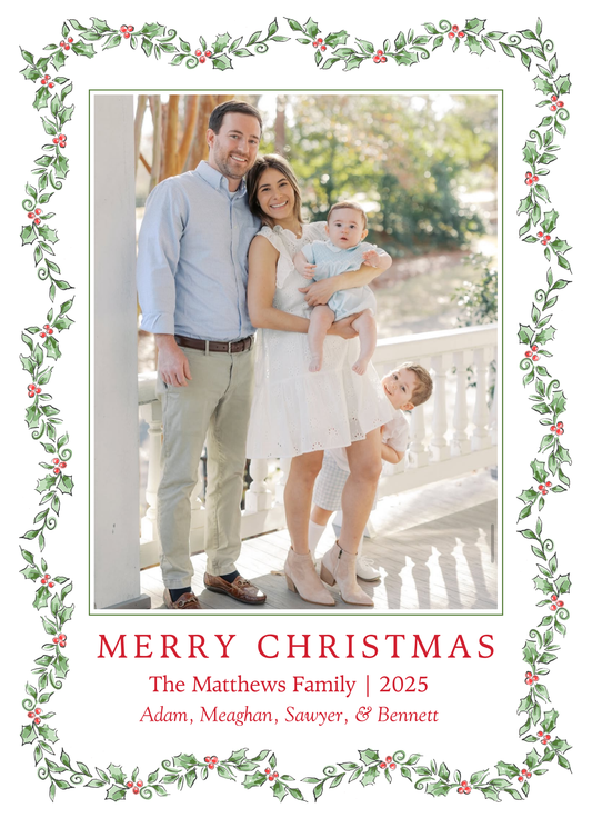 classic christmas card with watercolor holly border, ShooFly Paper Co. Auburn, Alabama