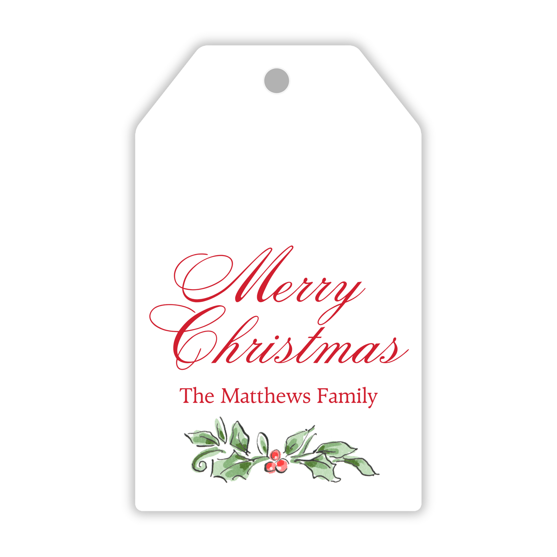 personalized hanging gift tag with watercolor holly and script name, ShooFly Paper Co. Auburn, Alabama