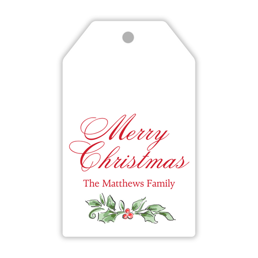 personalized hanging gift tag with watercolor holly and script name, ShooFly Paper Co. Auburn, Alabama