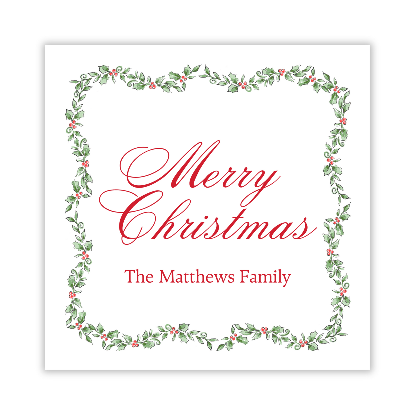 personalize Christmas gift tag with watercolor holly border & script Merry Christmas, ShooFly Paper Co. Auburn, Alabama
