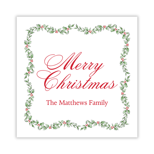 personalize Christmas gift tag with watercolor holly border & script Merry Christmas, ShooFly Paper Co. Auburn, Alabama