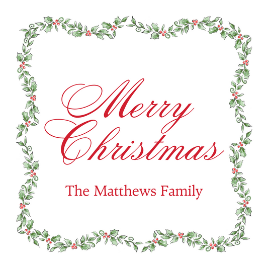 Christmas gift tag with wavy holly border, ShooFly Paper Co. Auburn, Alabama