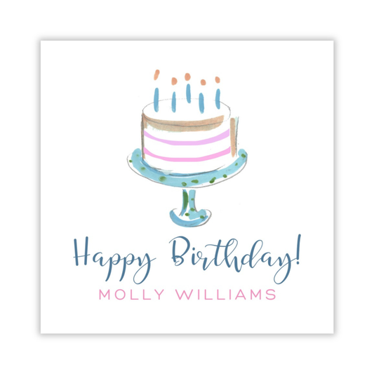 personalized gift tag with a drawn birthday cake with candles, "Happy Birthday" in script font, and a personalization underneath, ShooFly Paper Co. Auburn, Alabama 