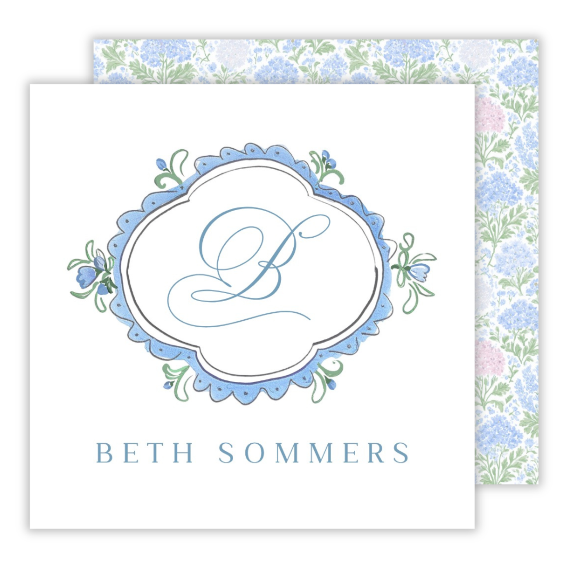 personalized gift tag with drawn watercolor frame and floral back, ShooFly Paper Co, Auburn, Alabama