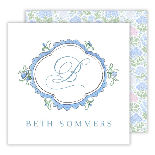 personalized gift tag with drawn watercolor frame and floral back, ShooFly Paper Co, Auburn, Alabama
