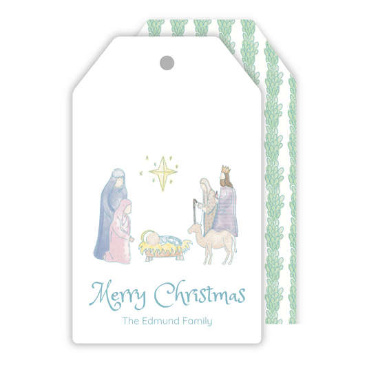 hanging gift tag with watercolor nativity scene, ShooFly Paper Co. Auburn, Alabama
