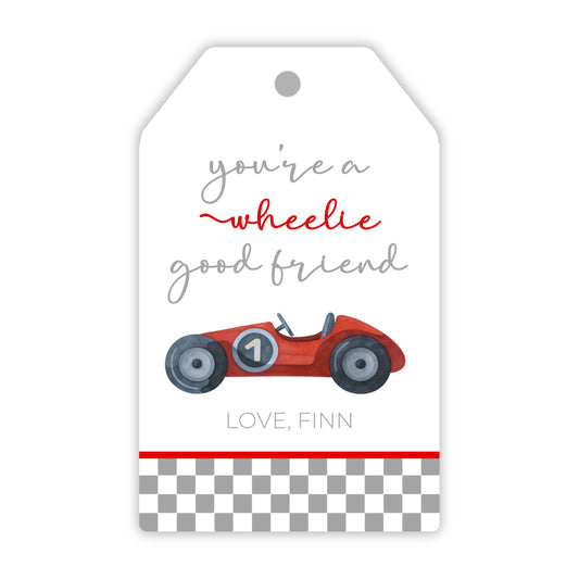 personalized valentine treat tag with watercolor vintage race car and the text "you're a wheelie good friend!" ShooFly Paper Co. Auburn, Alabama