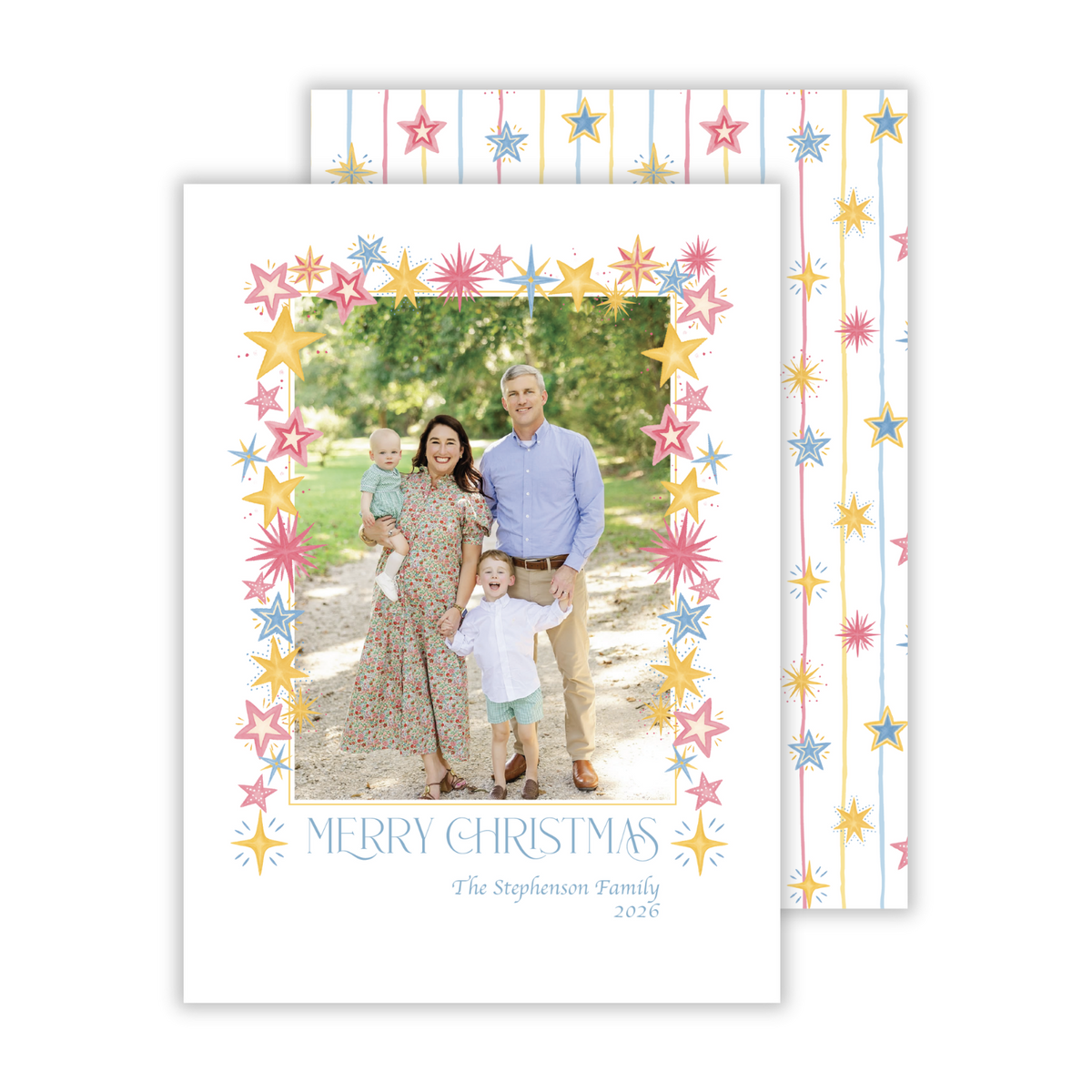 personalized Christmas card with brightly colored whimsical star border, ShooFly Paper Co. Auburn, Alabama