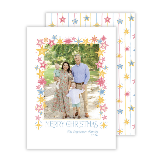 personalized Christmas card with brightly colored whimsical star border, ShooFly Paper Co. Auburn, Alabama